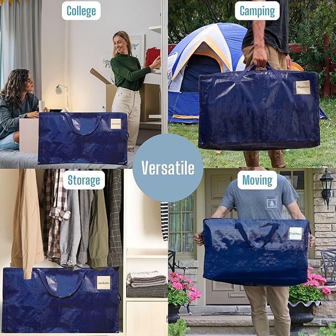 VENO 4 Pack Moving and Storage Bags, Heavy Duty, Alternative to Moving Boxes, Large Packing Totes Supplies for College Dorm Room with Zipper for Clothes, Wide Open Design (Blue, 4 Pack)