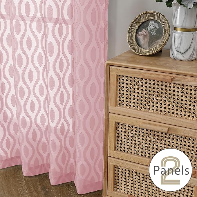 Aiyufeng Pink Curtains Kitchen 14 Inch Length, Clip Jacquard Chic Wavy Line Blush Valances for Windows, Lightweight Airy Rod Pocket Short Curtains for Bathroom Basement, 2 PCS, 40" Wx14 L Inches