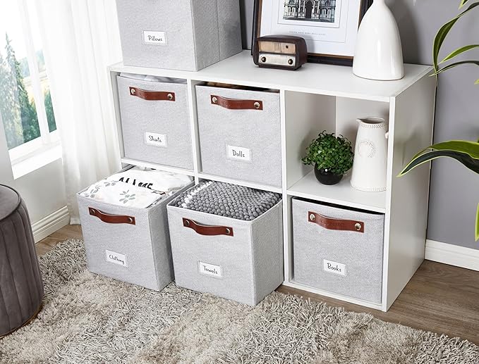 DECOMOMO Storage Bins, Cube Storage Bin with Labels, Fabric Storage Cubes for Shelves (11" / 6pcs, Light Texture Grey)