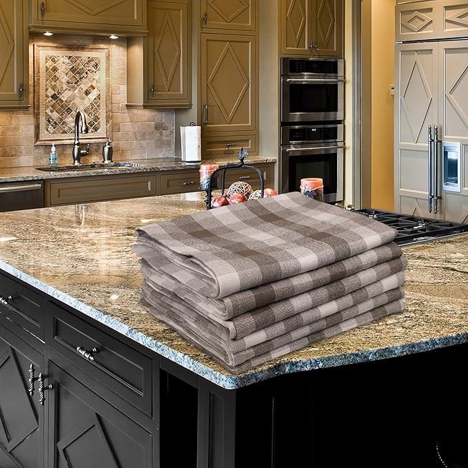 Kitchen Towels Set of 6 Soft Premium Cotton Highly Absorbent Dish Towels 20X30 Inches, Washable & Reusable Tea Towel, Quick Drying Dish Cloths for Cleaning Dishes - Gray/White, Checks