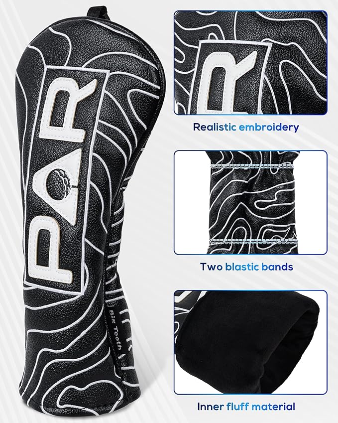 Big Teeth Golf Club Covers Full Set Driver Headcover Fairway Wood Hybrid Golf Club Iron Head Covers, Topographic Edition Putter Cover Leather Golf Head Covers Pure Black, Gifts for Men
