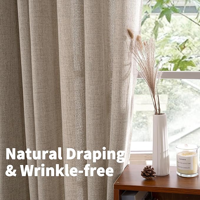 YoungsTex Dark Oatmeal Linen Curtains 102 Inch Length for Living Room, Long Semi Sheer Drapes with Rod Pocket Back Tab Light Filtering for Office Dining Bedroom, 2 Panels, 52 X 102 Inch