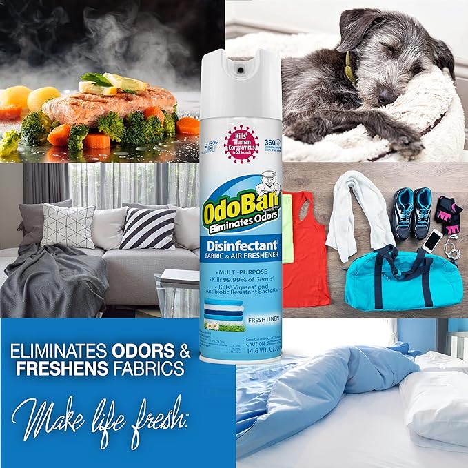 OdoBan Ready-to-Use 360-Degree Continuous Spray Disinfectant and Harsh Aroma Eliminator, Fabric and Air Freshener, 4 Pack, 14.6 Ounces Each, Fresh Linen Scent