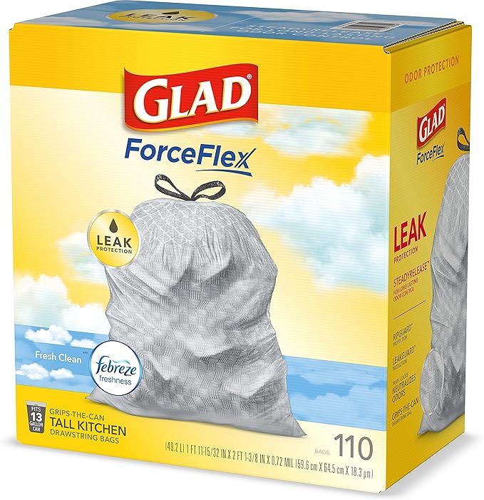 Glad Tall Kitchen Drawstring Trash Bags - Odorshield 13 Gallon White Trash Bag, Febreze Fresh Clean, 110 Count
