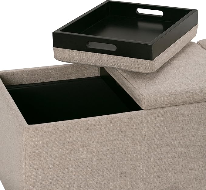 SIMPLIHOME Avalon 42 inch Wide Contemporary Rectangle Storage Ottoman in Natural Linen Look Fabric, Assembled, for the Living Room, Entryway and Family Room