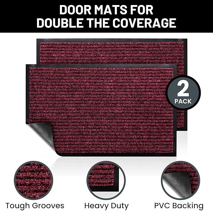 Sierra Concepts Front Door Mat Welcome Floor Mats - Entryway Indoor Outdoor Entrance Doormat, Patio, Porch, Muddy Shoe, Inside Outside Low Profile, 30x17 inches, 2-Pack Red