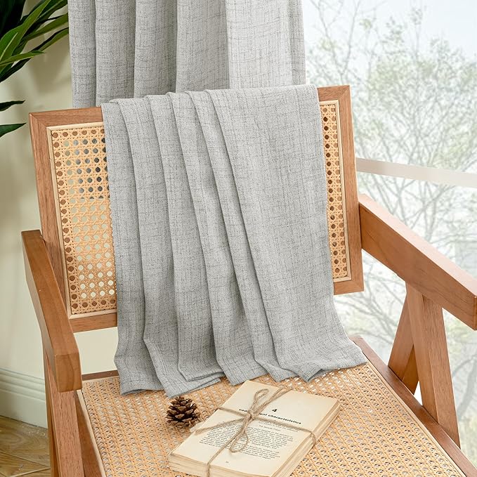 YoungsTex Light Grey Linen Semi Sheer Curtains for Living Room 2 Panels, Textured Light Filtering Drapes with Rod Pocket Back Tab Window Treatments for Dining Bedroom, 52 X 72 Inch