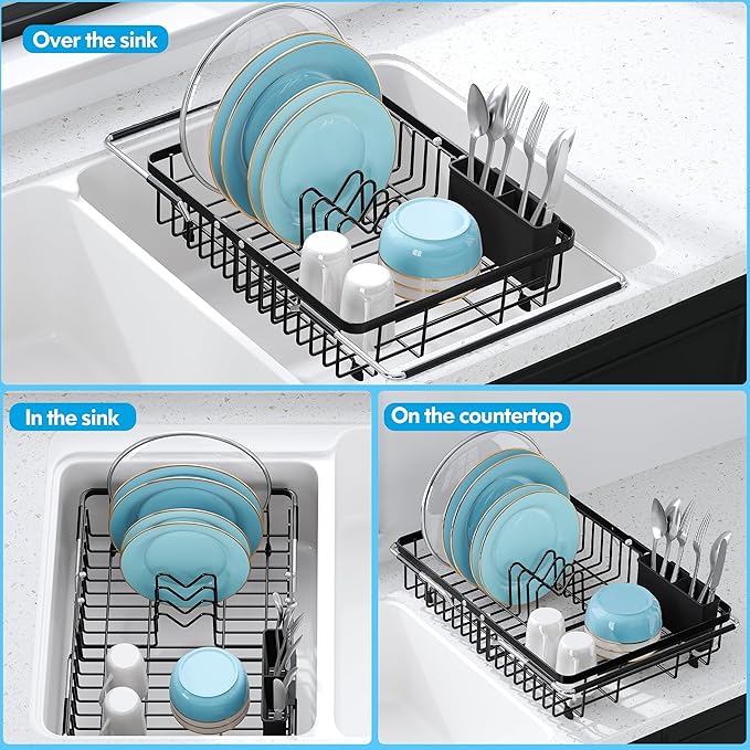JASIWAY in Sink Dish Drying Rack, Expandable Stainless Steel Dish Drainers for Kitchen Sink, Over Sink Dish Drying Rack with Utensil Holder, 13.1''~16.6''D x 11.8''W, Black