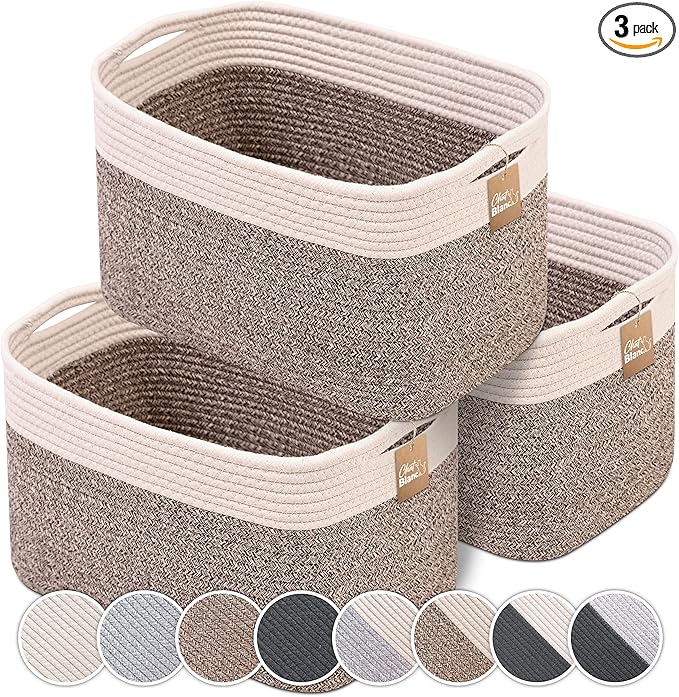 CHAT BLANC Cotton Rope Baskets for Organizing | 15”x10”x9” Storage Baskets for Shelves | Small Laundry Woven Baskets for Storage, Dog Toy Bin, Baby Basket,Off White&Brown 3 Pack