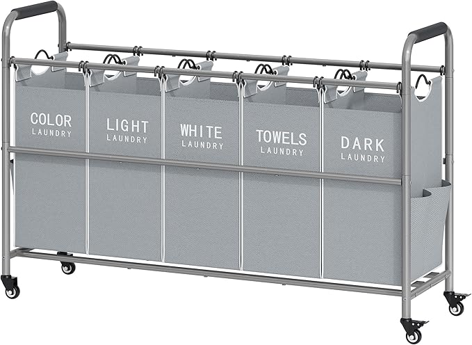 Tajsoon 5 Bag Laundry Sorter Cart, Laundry Hamper Sorter Basket with Heavy Duty Lockable Rolling Wheels for Clothes Storage, Grey & White