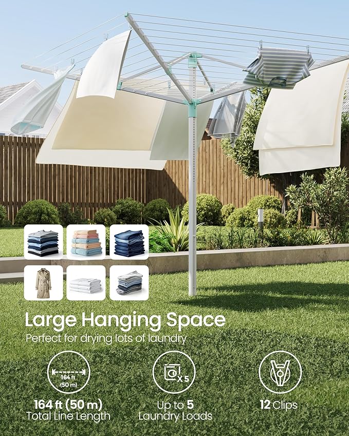 SONGMICS Umbrella Drying Rack, Retractable Outdoor Drying Rack, Height Adjustable, 164 ft Long Clothesline, Holds 5 Laundry Loads, for Garden, with Ground Spike, Cover, Silver and Green ULLR301E01