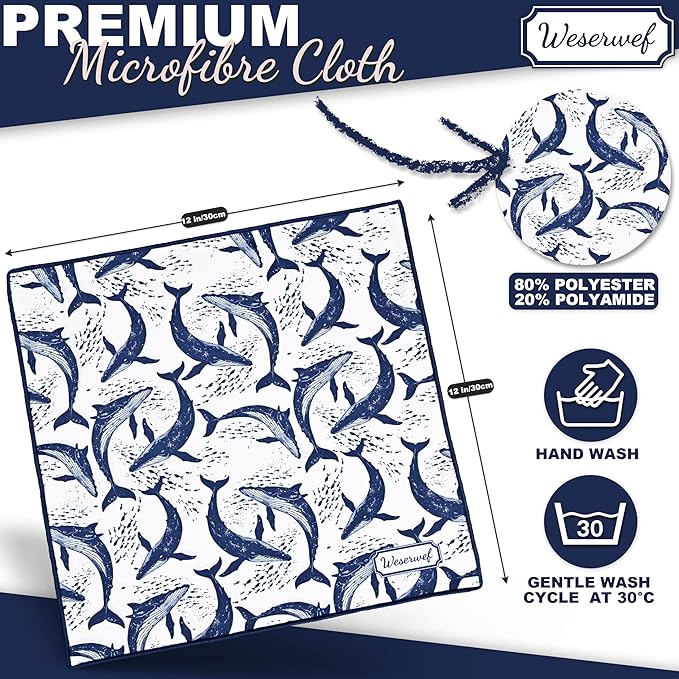 WESERWEF Design Microfiber Glasses Cleaning Cloth – Premium Cleaning Cloth for Eyeglasses, Screens, Tablets, Cameras & Lenses, 12" x 12", Ultra-Soft & Scratch-Free (Whales)