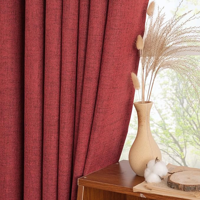 YoungsTex Red Linen Curtains 45 Inch Length for Kitchen, Short Window Drapes with Rod Pocket Back Tab Light Filtering Christmas Decor for Bathroom Cafe, 2 Panels, 42 X 36 Inch
