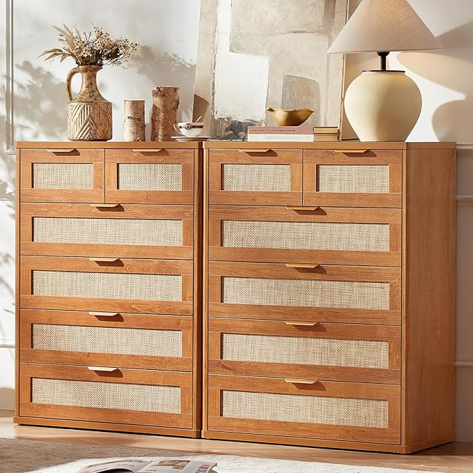 LEYAOYAO Rattan Dresser for Bedroom Set of 2, 42" Tall Chest of Drawers, Modern 6 Drawers Boho Dressers with Storage, Vintage Brown Dresser Wooden Closet Organizer for Living Room, Hallway