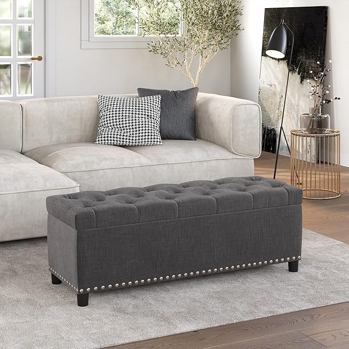 BELLEZE 47" Storage Ottoman, Storage Bench with Safety Close Hinge, Linen Button-Tufted Ottoman for Living Room, Entryway, Hallway, Foot Rest, Support 300lbs - Dark Gray
