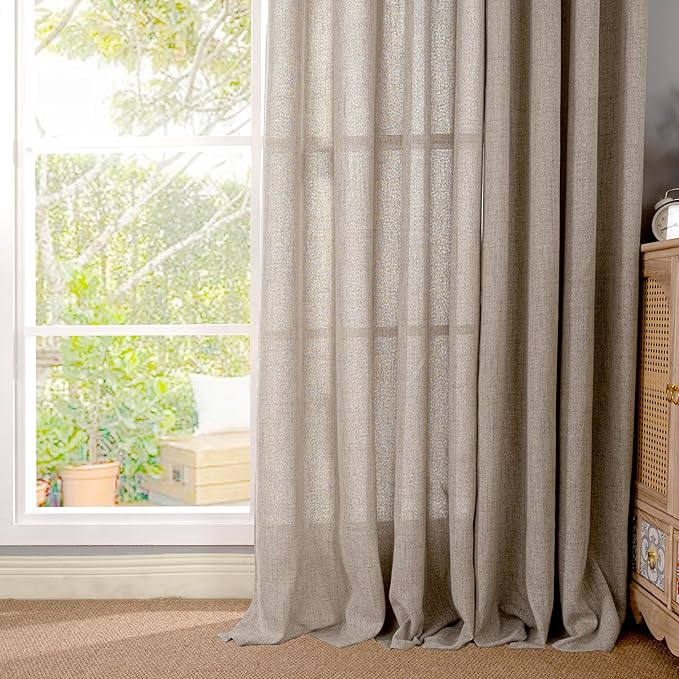 YoungsTex Linen Curtains 84 Inches Long for Living Room Farmhouse, Oatmeal Semi Sheer Drapes Light Filtering Textured Window Treatments with Back Tab Rod Pocket for Bedroom, 2 Panels,52 X 84 Inch