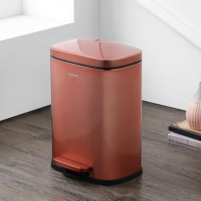 happimess HPM1006D Connor Rectangular Trash Can with Soft-Close Lid and Free Mini Trash Can, Modern Fingerprint Proof for Home, Kitchen, Office, Large:12.98 Gallon Small:1.3 Gallon, Rose Gold