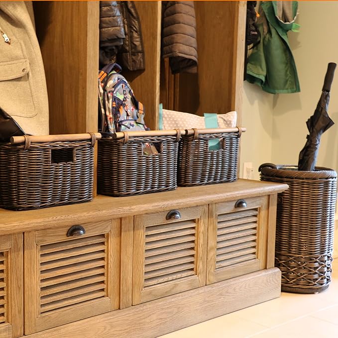 The Basket Lady Deep Pole Handle Wicker Storage Basket, Extra Large, 17.5 in L x 18 in W x 11.5 in H, Antique Walnut Brown