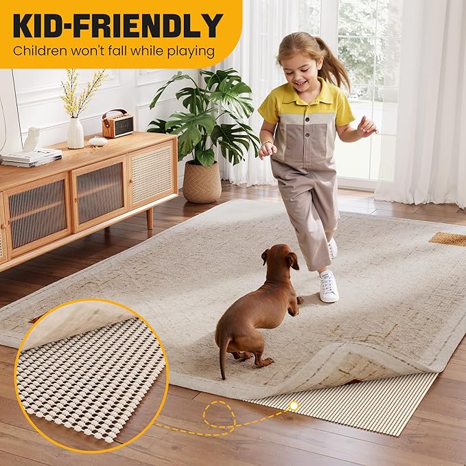 Non-Slip Rug Pad Gripper 7x9 Feet, Anti Skid Mat for Under Area Rugs, Keeps Rugs in Position and Safe, Thick Cushioned Carpet Pad for Hardwood Floors Protection