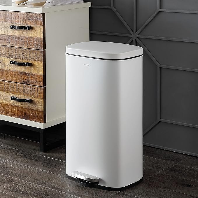 happimess HPM1011C Curtis 8-Gallon Step-Open Trash Can with Soft-Close Lid, Modern, Minimalistic, Fingerprint Proof for Home, Kitchen, Laundry Room, Office, Bedroom, Bathroom, White