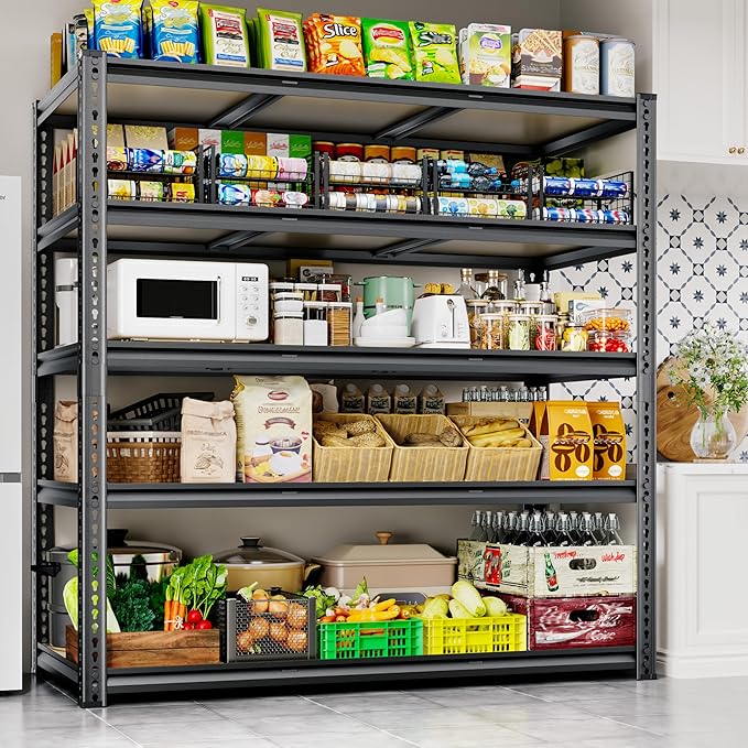 48"W Garage Shelving, 3050LBS Storage Shelves Heavy Duty, 5 Tier Metal Shelving Unit Adjustable Garage Shelves Heavy Duty Shelving for Warehouse,Commercial, Kitchen, 48" W × 24" D × 72" H, Black