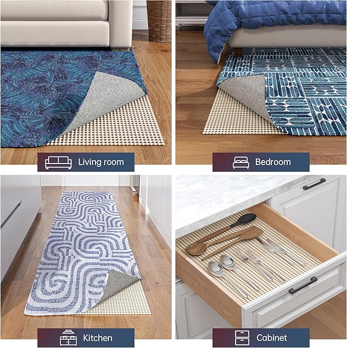 Non-Slip Rug Pad Gripper 2x4 Feet, Anti Skid Mat for Under Area Rugs, Keeps Rugs in Position and Safe, Thick Cushioned Carpet Pad for Hardwood Floors Protection