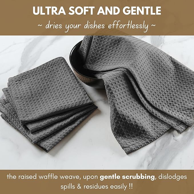 Native Fab Cotton Kitchen Towel - 16x26 inches, 6 Pack, Waffle Weave Kitchen Towels for Cleaning, Drying, Washcloths with Hanging Loop, Soft & Absorbent Dish Cloths, Grey