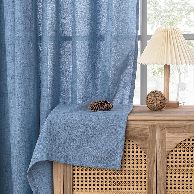 YoungsTex Denim Blue Linen Curtains 63 Inch Length for Bedroom - Light Filtering Semi Sheer Drapes with Back Tab Rod Pocket for Short Window Living Room Office Kitchen, 52 x 63 Inch, 2 Panels