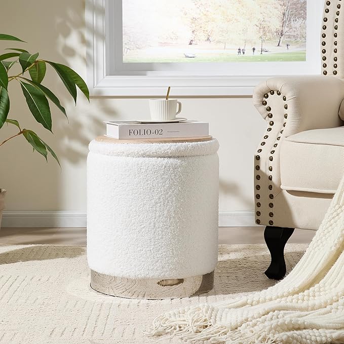 Royal Windsor Boucle Round Ottoman with Storage Set of 2, Vanity Stool with Storage for Bedroom, Ottoman Coffee Table Silver-Tone Ring Around The Base, Small Foot Stool for Living Room, White
