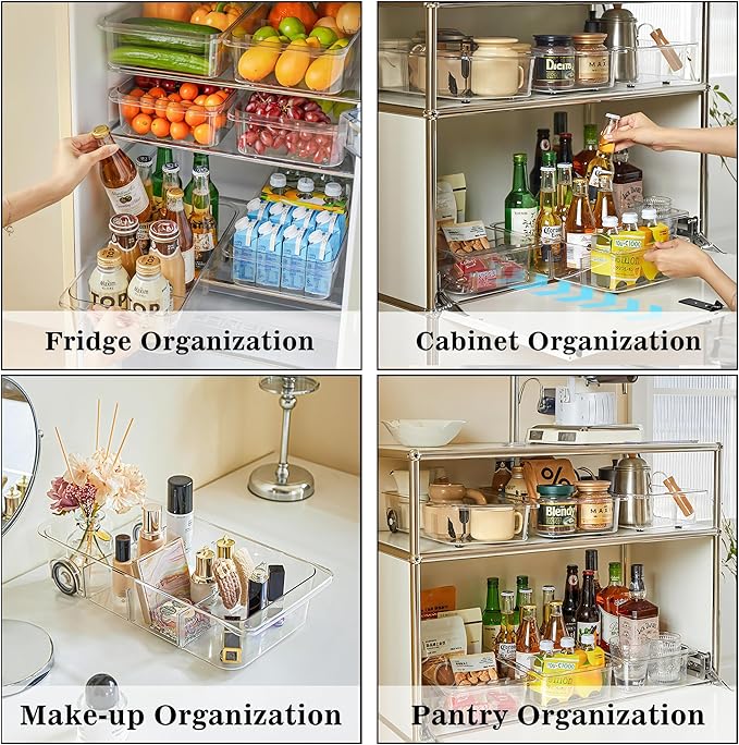 MineSign 2Pack Roll Out Fridge Caddy Bins Pull Out Drawer with Wheels Refrigerator Organizer Bins with Handles Divided Fruit Caddy for Fridge Pantry Cabinet Storage Cans Drinks