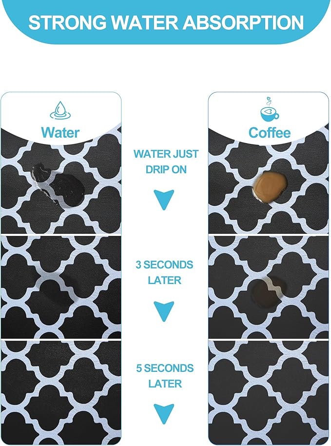 Dish Drying Mat for Kitchen Counter, 16"x24" Dish Drying Pad with Non-slip Rubber Backed, Hide Stain Anti Absorbent for Kitchen Counter, Drying Mat for Coffee Machine Dish Rack (Black Trellis)