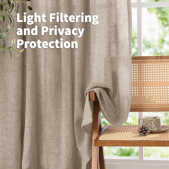 YoungsTex Oatmeal Linen Curtains 36 Inch Length for Short Kitchen Window, Textured Small Drapes Light Filtering for Cafe Bedroom Bathroom Back Tab, 2 Panels, 40 X 36 Inch