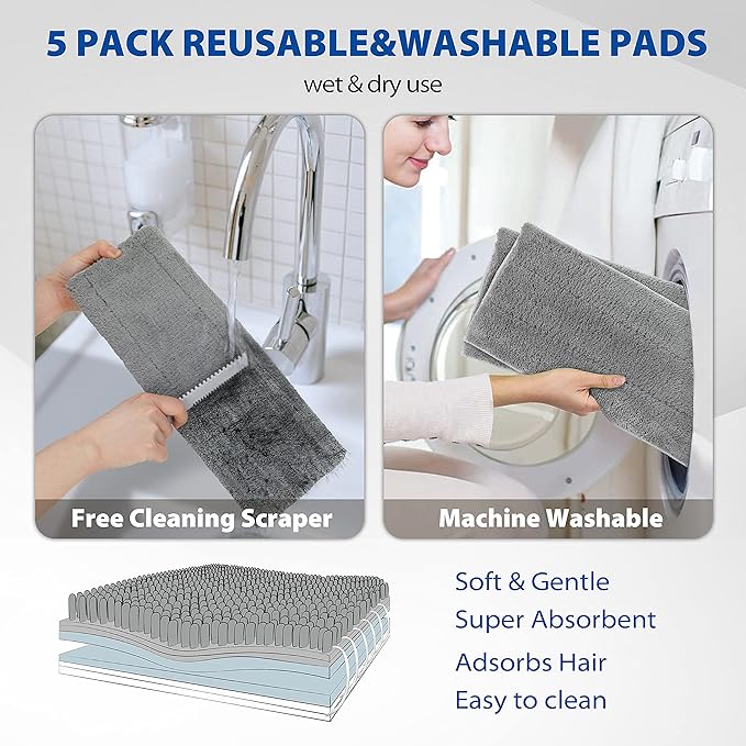 Professional Microfiber Hardwood Floor Mop, Flat Mops with 5 Pieces Reusable Washable Pads for Home and Office Wet or Dry Floor Cleaning (Sky Blue)