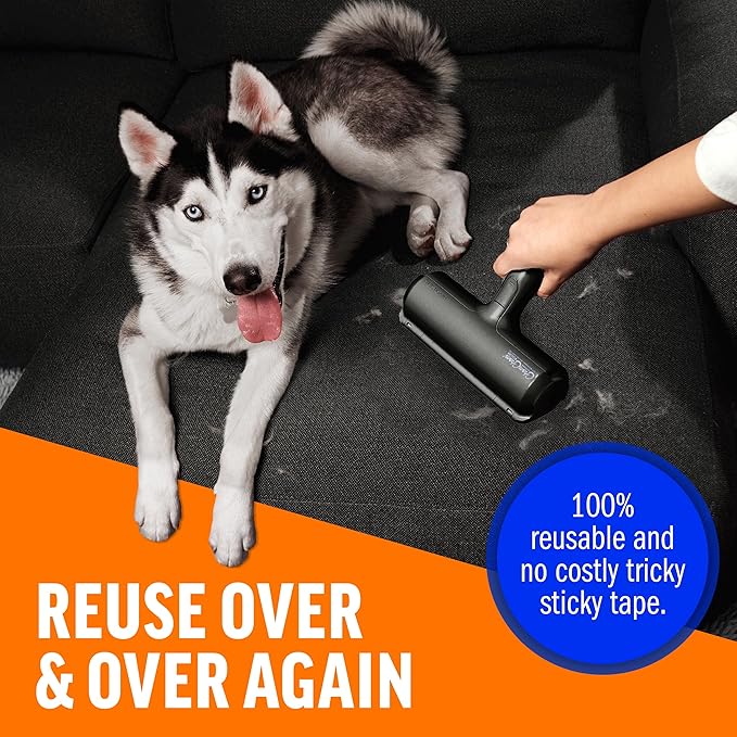 ChomChom Roller Pet Hair Remover and Reusable Lint Roller - Cat and Dog Hair Remover for Furniture, Couch, Carpet, Clothing and Bedding - Portable, Multi-Surface Fur Removal Tool (Black)