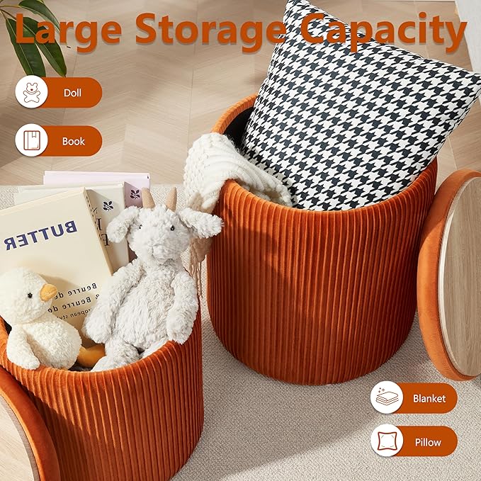 Round Ottoman with Storage Set of 2,Vanity Stool with Storage for Bedroom, Ottoman Coffee Table,Small Velvet Foot Stool for Living Room, Orange