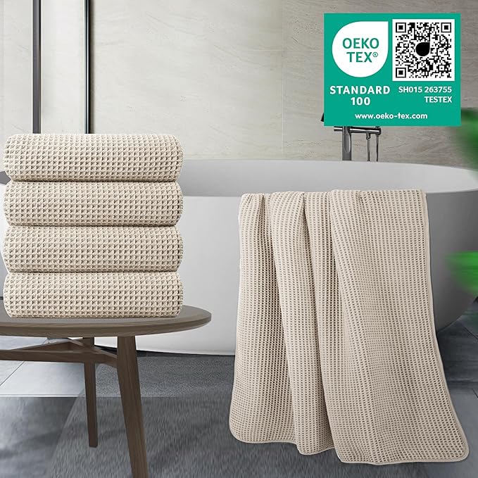 POLYTE Microfiber Oversize Quick Dry Lint Free Bath Towel, 60 x 30 in, 4 Pack (Waffle Weave)