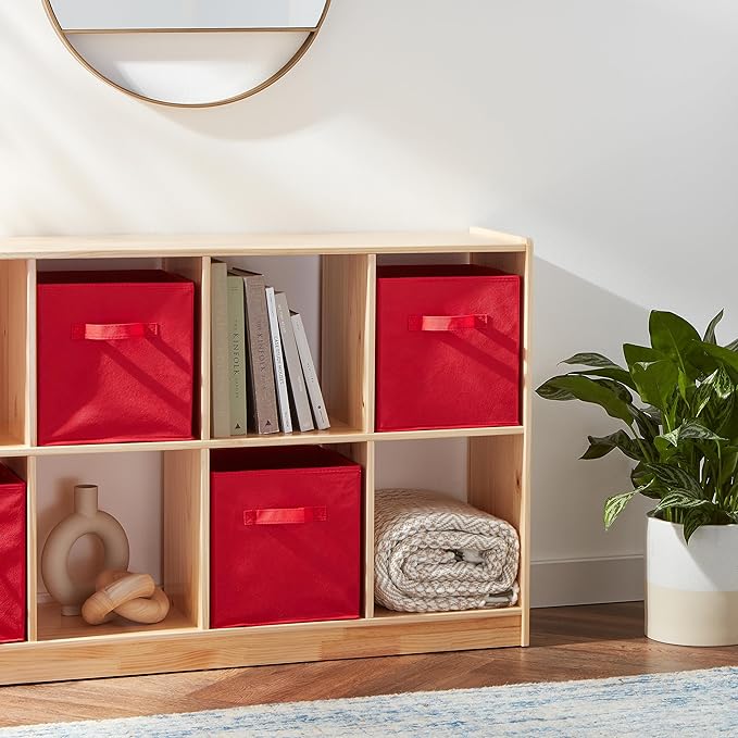 Amazon Basics Cube Organizer Storage Bins Handles, Collapsible Fabric, Pack of 6, 10.5"x10.5"x11", Red