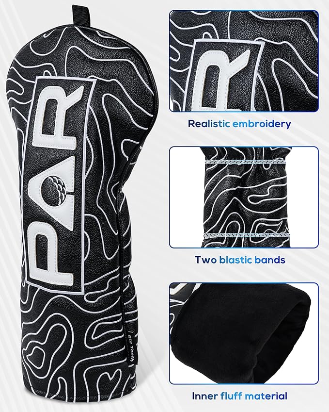 Big Teeth Golf Club Covers Full Set Driver Headcover Fairway Wood Hybrid Golf Club Iron Head Covers, Topographic Edition Putter Cover Leather Golf Head Covers Pure Black, Gifts for Men