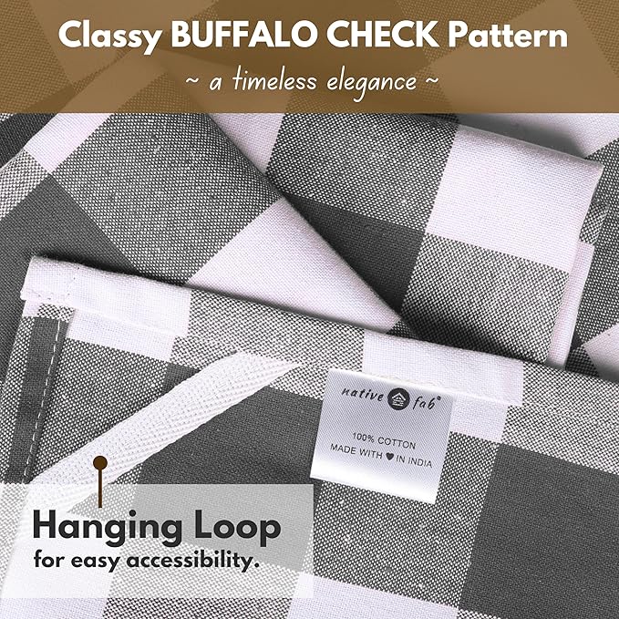 Native Fab 12-Pack Kitchen Towel with Hanging Loop 16x26 inches, Cotton Buffalo Check Kitchen Towels for Cleaning Drying, Washcloths Soft & Absorbent Cloth Rags, Bar Towel, Dish Cloth, Grey