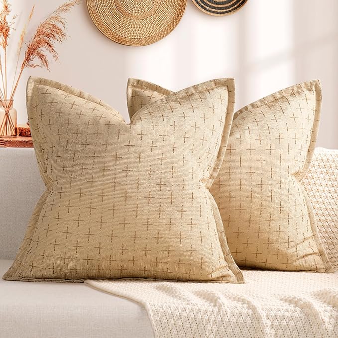 ZWJD Pillow Covers 16x16 Set of 2 Soft Polyester Textured Pillow Covers with Stylish Flange Edge Cozy Farmhouse Throw Pillows for Couch Bed Sofa Living Room