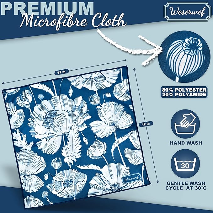 WESERWEF Design Microfiber Glasses Cleaning Cloth – Premium Cleaning Cloth for Eyeglasses, Screens, Tablets, Cameras & Lenses, 12" x 12", Ultra-Soft & Scratch-Free (Blue Poppies)