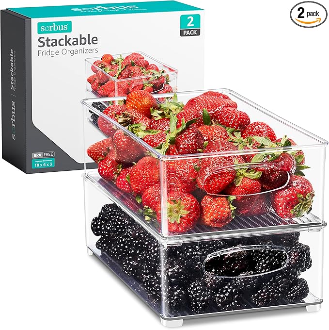 Sorbus Stackable Refrigerator Organizer Bins - Clear Storage Bins for Kitchen Pantry, Freezer & Fridge Organization - Food Organizing Plastic Containers with Handles for Countertops & Drawers (2 Pack)
