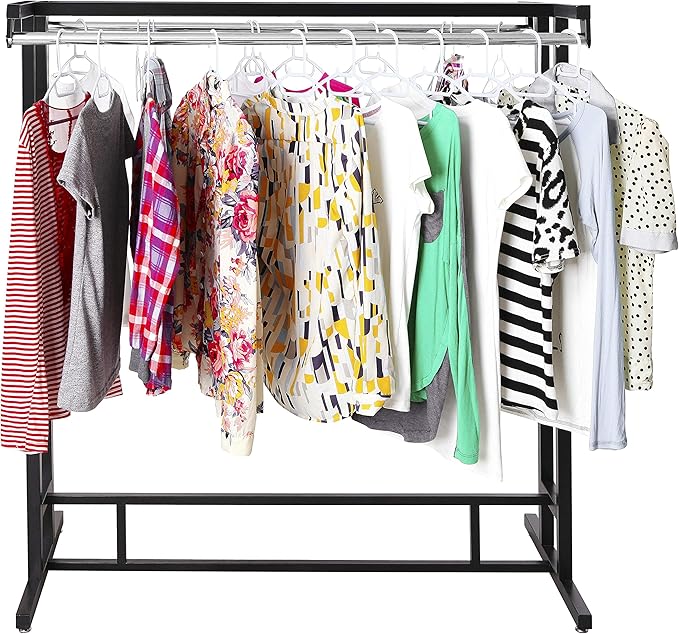 MyGift Black Stainless Steel Freestanding Garment Rack, Heavy Duty Double Rod Clothes Rack Clothing Hanger Stand with Storage Display Shelf