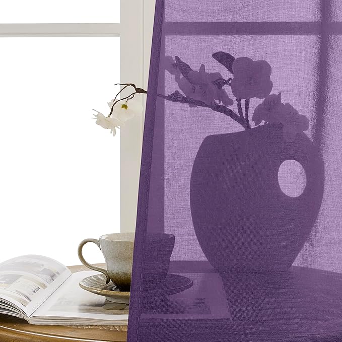 Tollpiz Short Sheer Curtain Linen Textured Curtain Sheers Doorway Light Filtering Voile Patio Glass Door Rod Pocket Curtains French Door, 54 x 54 inches Long, Royal Purple, Set of 1 Panel