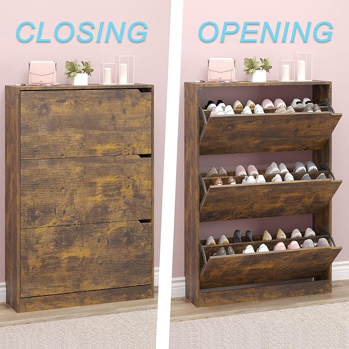 Shoe Cabinet with 3 Flip Drawers, Hidden Wood Shoe Cabinet,Freestanding Shoe Storage Cabinet for Entryway Hallway