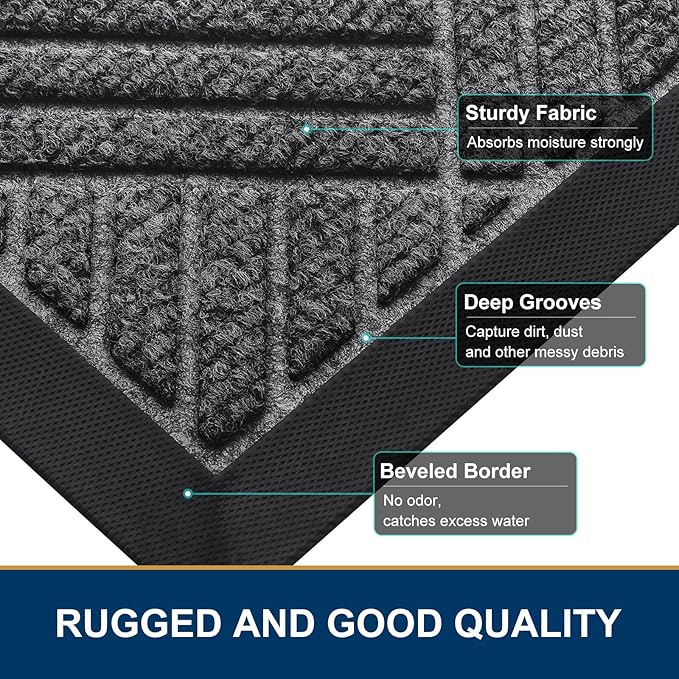 Smiry Front Door Mat Outside Entrance, Heavy Duty Outdoor Indoor Natural Rubber Doormat, Non Slip, Trap Dirt and Moisture, Easy Clean, Low Profile Patio Porch Entryway Mat, 35x23, Light Grey