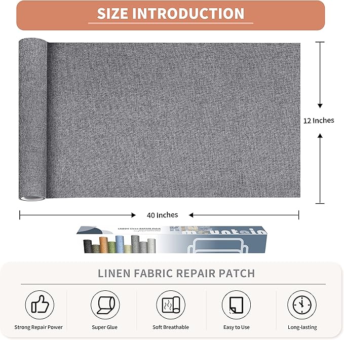Fine Linen Fabric Patches, Self-Adhesive, Extra Large 12x40 Inch, Multi Color, for Sofa & Clothes Repair