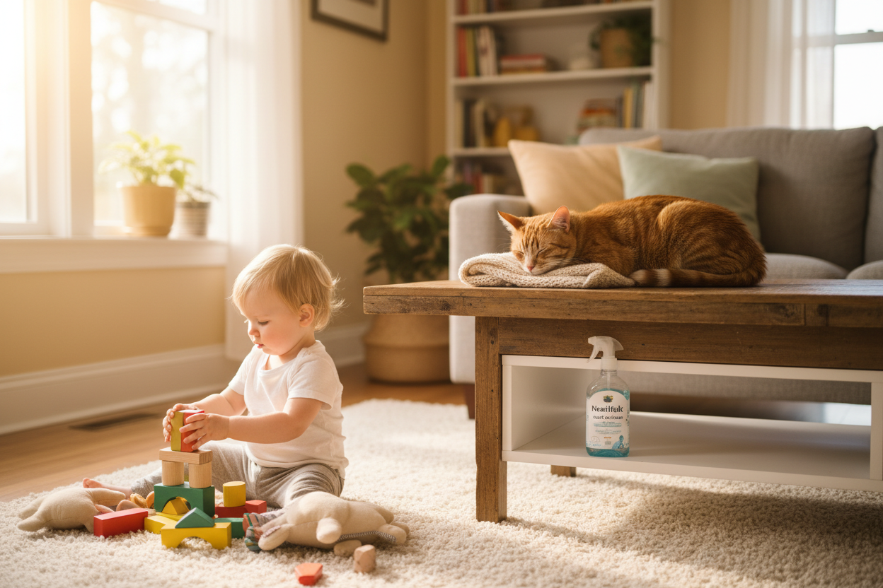 A sunlit living room with a toddler playing on the floor and a cat napping nearby, while a Neatfolk glass cleaner sits on a low shelf. Soft focus, warm tones, peaceful home atmosphere. Style: authentic lifestyle photography.
