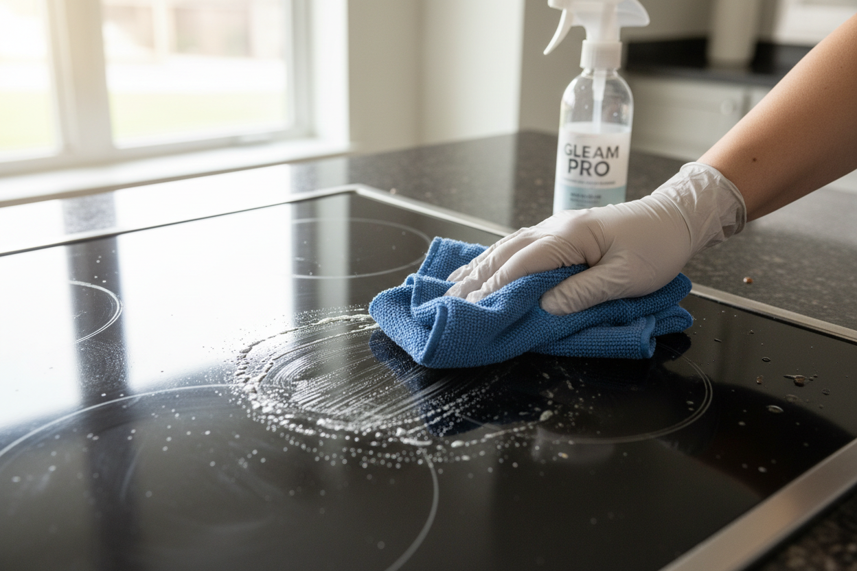Close-up of hands wiping a sparkling stovetop with a Neatfolk microfiber cloth and spray bottle nearby. Visible before/after contrast on the surface, natural light. Style: crisp, effective, problem-solution visual.
