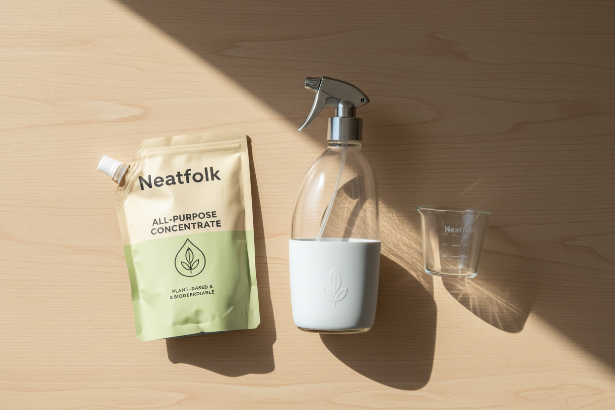 Top-down view of a Neatfolk refill kit: a sleek glass spray bottle, a compostable refill pouch labeled “All-Purpose Concentrate,” and a measuring cup beside it on a light wood table. Clean, minimal, eco-modern styling.